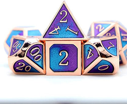 Haxtec Metal DND Dice Set, 7 Pcs Blue-Violet Polyhedral Dice for RPG | Copper DND Dice with Leather Bag, Compatible with Dungeons and Dragons, Heavy Metallic, Mermaid, D&D Gifts for Table Games - color: Copper Blue Purple