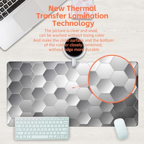 Large Gaming Mouse Pad for Desk, Silver Technology Honeycomb Desk Mat, Sci-Fi Honeycomb Desk Pad, 31.5"x15.7" Extended Big Computer Keyboard Mouse Pad with Non-Slip Base and Stitched Edge - color: Silver Technology Honeycomb