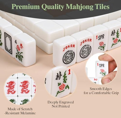 Portable American Mahjong Set, 166 Mahjong Tiles with Carrying Bag, 3 Dice, 40 Chips, Wind Indicator, Instruction Book, Compact Travel Game Set