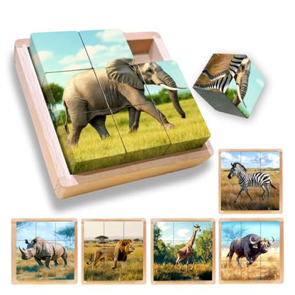 6-in-1 Wooden Animal Puzzle – Montessori Cube Toy for Kids – Realistic African Safari Animals Educational Wood Blocks for Toddlers Ages 3–6 - style: African Safari Animals