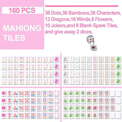 Soulchen 160 Pink Kaleidoscope American Mahjong Tile Set with Acrylic Storage Box & Dice 1.2" 3D Engraved Tiles for Adults Friends Family Game Night Mahjong Travel Size Chinese Game Gifts - style: Kaleidoscope
