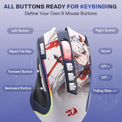 Redragon Anime Gaming Keyboard and Mouse Combo, K719 PRO 95-Key Wireless Gasket Mechanical Keyboard w/1.14'' TFT Screen & Knob + M612AK PRO 8000 DPI Mouse w/9 Programmable Buttons, 3-Mode Bundle - color: Epic Twin