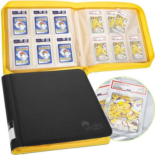 FunGuys Graded Card Binder, 60 PSA Slab Holder, 6 Pocket Graded Card Storage, Slab Binder, PSA Card Graded Display Case Album, Zipper, MTG Card Collection Binder - color: Black and Yellow