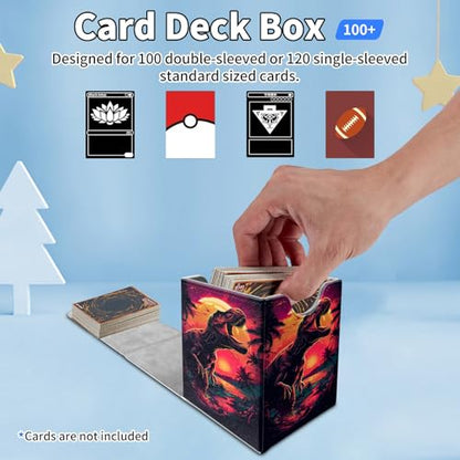 Card Deck Box for MTG Commander,Collectible Trading Storage Box Fits 120+ Single Sleeved Cards Magnetic Case PU Leather for Magic Commander TCG CCG MTG,Dinosaur Sunset - color: Dinosaur Sunset
