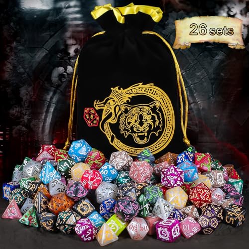 CiaraQ Polyhedral Dice with Engraved Designs & Drawstring Pouch | 26 acrylic dice sets – 182 pcs total, 7 per set (D4-D20). Lightweight & durable. Great for D&D & tabletop games. Ages 14+. - color: 26 Colors - Engraved Pattern Style