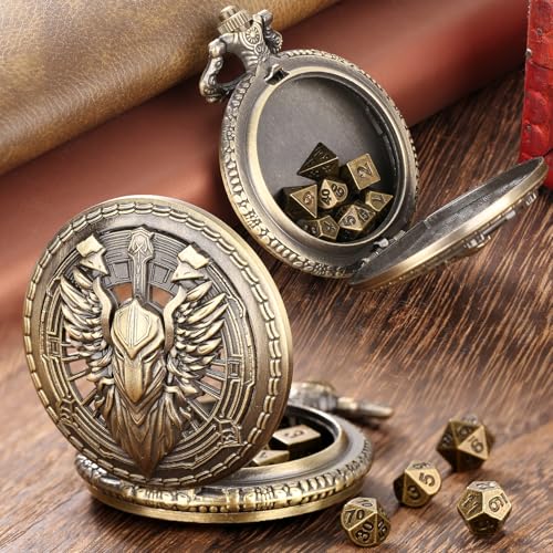 Mini DND Dice Set Steampunk Hollow Paladin Knight Warrior Pocket Watch Shell Case, 7pcs Polyhedral Metal D&D Dice Set with Gift Box, Role Playing Board Games Accessories - color: Paladin