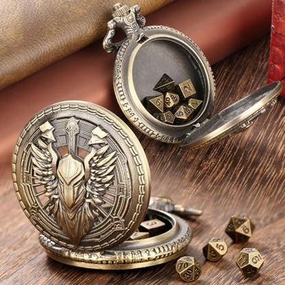 Mini DND Dice Set Steampunk Hollow Paladin Knight Warrior Pocket Watch Shell Case, 7pcs Polyhedral Metal D&D Dice Set with Gift Box, Role Playing Board Games Accessories - color: Paladin