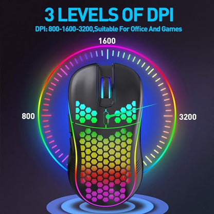 Wireless Gaming Mouse, Rechargeable Computer Mouse Ergonomic Mice Honeycomb Design with RGB Backlight, USB Receiver, 7 Buttons, Adjustable DPI, Wireless Mouse for PC/Mac/Laptop