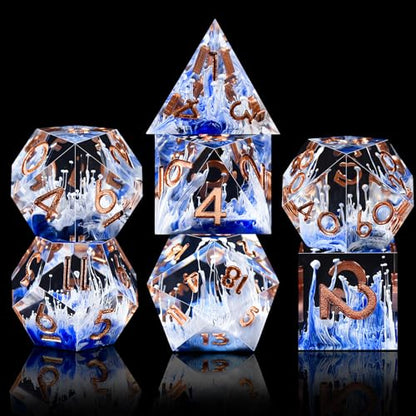 AUSTOR 7-Die DND Dice Set Sharp Edge Resin Dice Handmade Polyhedral Dice for Dungeons and Dragons RPG MTG Table Games（Wave Blue - color: Wave Blue