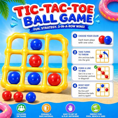 Tic-Tac-Toe Pool Toys Game Set, Giant Inflatable Floating Board Set with 10 Balls, Pool Toys Party Game for Kids Adults Teens, Summer Water Party Backyard Beach Yard Field Day Outdoor Activities | 53.5-Inch Floating Board • 10 Balls + Pump • 2–10 Players