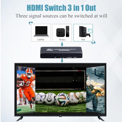 HDMI Switch 3 in 1 Out 4K 120Hz, HDMI Switcher 3x1 with IR Remote Control Support 4K@120Hz, 1080P@240Hz 3D, HDR, HDMI 2.1, HDCP 2.3, Compatible with PS5/ PS4/ PS3, Xbox, TV, DVD etc - color: Black