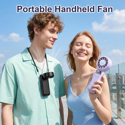 Portable Handheld Fan with Ice Cooling, 5.5m/s Rechargeable Fan, Independent Switch, 5-Speed, LED Display, 12H Battery, Foldable Neck Personal for Travel Essentials, Concerts, Sports - Purple - color: Purple