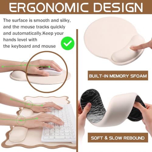 Sabary Scalloped Desk Mat Keyboard Mouse Pad Set 35.5 x 15.7 Inch Beige Preppy Table Mat Keyboard Wrist Rest Cute Aesthetic Mouse Pad with Wrist Rest Coaster Ergonomic Non-Slip Waterproof Gaming Desk - color: Beige, size: 35.5 x 15.7 Inch