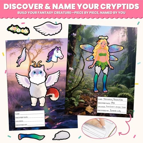 PARTYWIND Cryptid Construction Kit Sticker Book for Kids Age 3-5 | Build Your Own Animals, 16 Scenes, 11 Sheet Stickers, Airplane Travel Toys Essentials for Boys & Girls, Toddler Sticker Book