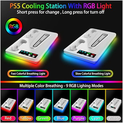 PS5/Slim/Pro Stand and Cooling Station with RGB Controller Charging Station for PlayStation 5 Console, PS5 Controller Charger, PS5 Cooling Stand, PS5/Slim/Pro Accessories Kit with 3 Level Cooler Fan - color: Line RGB-White1
