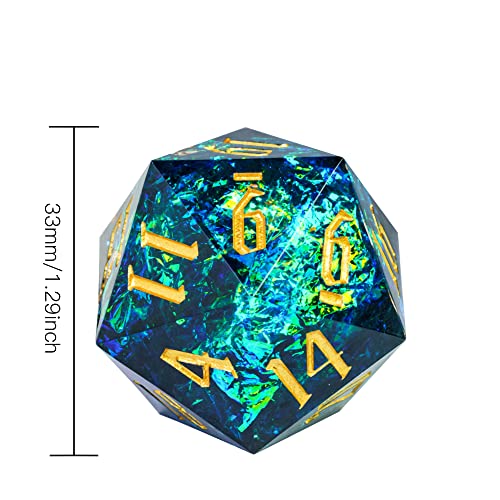 Cusdie Single D20 DND Dice with Sharp Edges and Glitter Foil Inclusions, 20 Sided D&D Dice, 33mm Handcrafted Polyhedral Dice, for Role Playing Game (Blue) - color: Blue