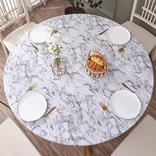 Walrus Round Vinyl Fitted Tablecloth with Flannel Backing Elastic Edge Design Table Cover Waterproof Oil-Proof PVC Table Cloth Stain-Resistant Best for 37"-44" Round - color: Marble, size: 44" (Round)