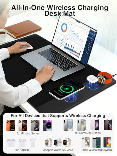 Mouse Pad with Magnetic Wireless Charging, Large Desk Mat, Non-Slip Mouse Mat, Keyboard Pad for Gaming, Desk, Office, PC - color: Black-Right Magnetic 3-C-31.5x15.8"w/ Wall Charger