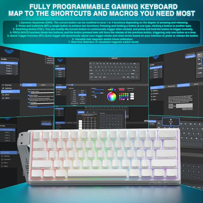 Aula WIN60 HE - 60% Mechanical Gaming Keyboard Wired, Hall Effect Magnetic Switch Hot Swappable, Adjustable Actuation RT Mode, 8000 Hz Polling Rate, RGB Keyboard 60 Percent Compact Design for PC - color: White