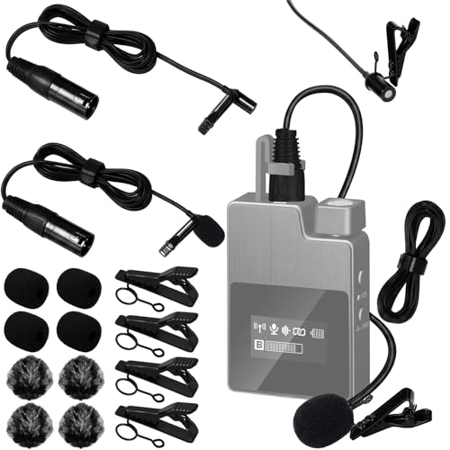 Tellegloww 4 Pack 3-pin XLR Lavalier Microphone Kit, 6.56ft/ 2m Balanced Omnidirectional Lapel Mic with Clips, Foam & Furry Windscreen, for Camera Mixer PA System Video Recording Interview