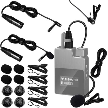 Tellegloww 4 Pack 3-pin XLR Lavalier Microphone Kit, 6.56ft/ 2m Balanced Omnidirectional Lapel Mic with Clips, Foam & Furry Windscreen, for Camera Mixer PA System Video Recording Interview