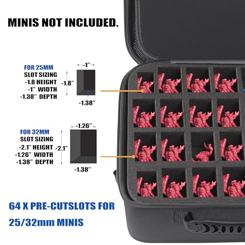 Madcat Miniature Storage Carrying Case -64 Slot Storage Case with 2 Impact-Absorbing Foam Trays For 32mm 40k, DND and More,case with Adjustable Shoulder Strap and zippered pocket. (64 Slot)