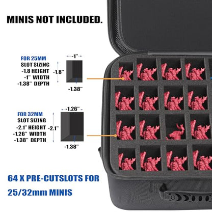 Madcat Miniature Storage Carrying Case -64 Slot Storage Case with 2 Impact-Absorbing Foam Trays For 32mm 40k, DND and More,case with Adjustable Shoulder Strap and zippered pocket. (64 Slot)