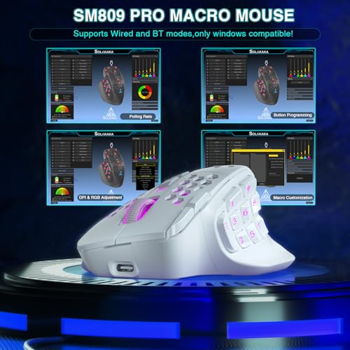 SOLAKAKA SM809 Pro Gaming Mouse with 9 Side Buttons,24000 DPI RGB Mouse for Gamer,16 Programmable Macros MMO Mouse (Wireless, 1-white2) - color: 1-white2