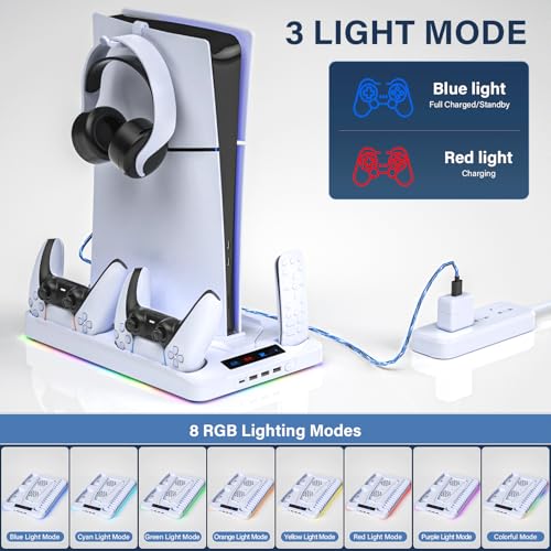 PS5/PS5 Slim Cooling Station, PS 5 Stand with Controller Charger for Playstation 5 Disc Console& Digital Console, for Playstation 5 Cooling Fan Accessories, LED,USB Hubs,Headset Holder,Games Slot