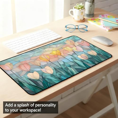 Faux Colorful Glass Desk Mat, Tulip Long Mouse Pad, Large Gaming Computer Keyboard Mats, Soft Full Deskamt, Office Desktop Cover Pad, Aesthetic Desk Accessories, Suitable Women 31.5"X15.7" - color: Yellow Tulip