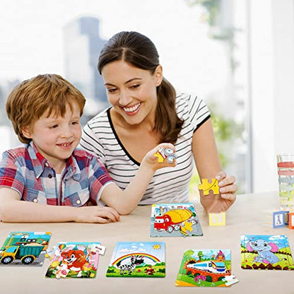 SANNIX 12 Pack Wooden Jigsaw Puzzles for Toddlers 3-5 Years Old | Party Favors Animals Jigsaw for Kids, Transportation Educational Puzzles, Travel Toy with 12 Organize Bags - style: Vehicles + Animals