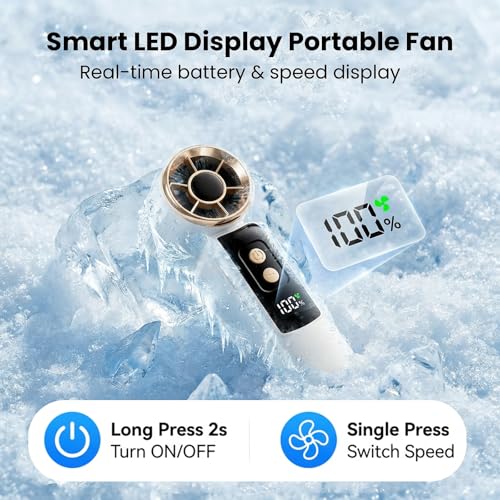 Portable Fan Handheld Mini, 6-Speed Turbo Power USB Rechargeable Personal Cooling Fan with LED Display, Small Travel Fan for Outdoor Camping Hiking, White - color: White
