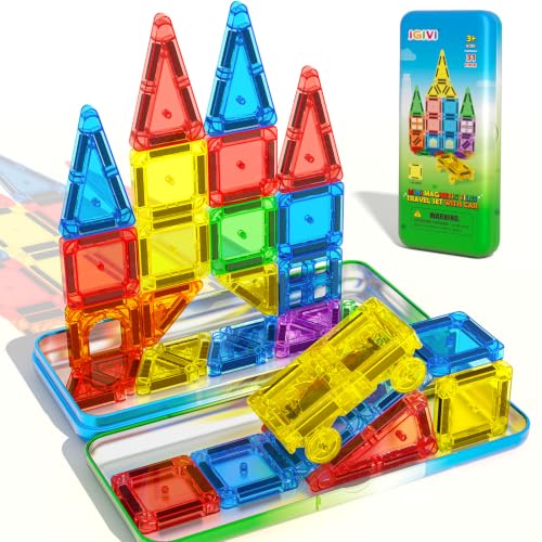 Mini Magnetic Tiles Travel Set with Car, Magnetic Toys for Toddlers | Magnetic Blocks for Kids Ages 3+, Portable Travel Kids Toys with Metal Storage Box, Christmas Birthdays Gifts for Boys Girls