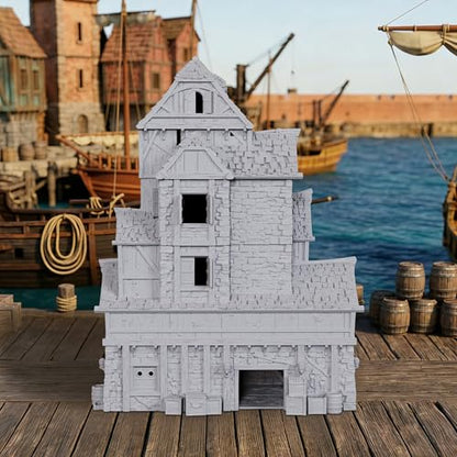AUSPDICE DND Terrain 28mm 도크 빌딩, 도색되지 않은 다층 TTRPG 풍경 | 1:56 스케일 18피스 수직 포트 빌딩, 탈착식 바닥과 던전 앤 드래곤을 위한 디테일한 내부 - AF1154H - color: Af1154h Dock Buildings H