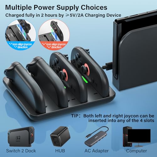 ZRZLMVP Switch 2 JoyCon Charger for Nintendo Switch 2 Joy Con 2 Controller | 4 in 1 Charging Dock for Joy-Con 2 Controllers, 2H Fast Charge Switch 2 Controller Charger Station with LED Indicator - color: BLACK-4 in 1