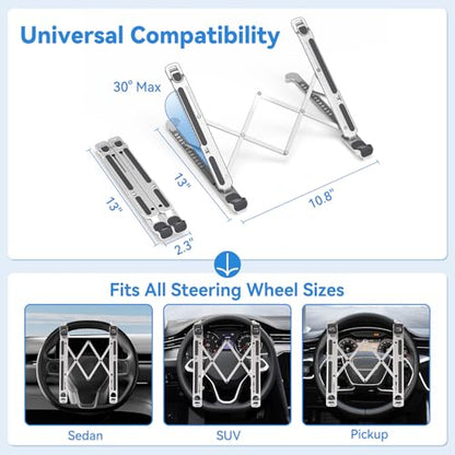 Car Laptop Mount steering Wheel Tray Holder, Height Adjustable Car Desk for Laptop iPad Computer Tablet, Foldable Portable Lap Laptop Stand for Car Vehicle Workstation for Truck SUV Tesla Motorhome
