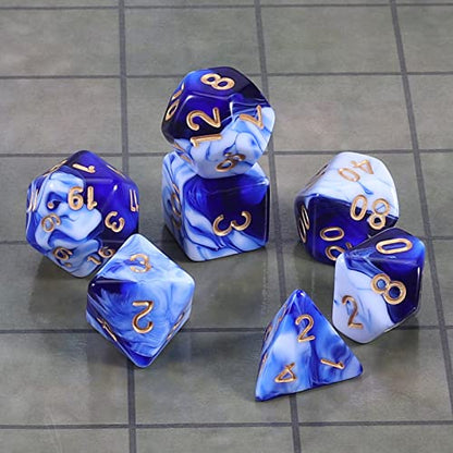 CiaraQ 7pcs Polyhedral Dice Set for Dungeon and Dragons MTG Table Games | Acrylic Role Playing Dice for D&D with Black Velvet Bag – Blue & White Marble Swirl with Gold Numbers - color: Blue & White Marble Swirl With Gold Numbers