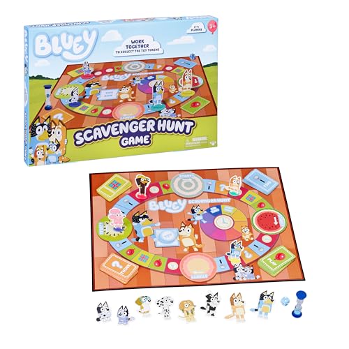 Bluey Scavenger Hunt Board Game, Cooperative Play with 4 Exclusive Mini-Figures, Indoor Games for Kids Ages 5+, Fun Toy Token Collecting Game | Collect 12 toy tokens as a team with Bluey, Bingo, Bandit & Chilli minis; family game for kids ages 3+ - style: