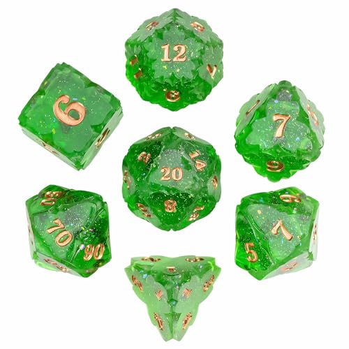 Cusdie Sharp Edge DND Dice, 7 PCS Shamrock DND Dice Set D&D D20 D12 D10 D8 D6 D4, Handcrafted Polyhedral Dice Set for RPG and Other Table Games(Green) - color: Green