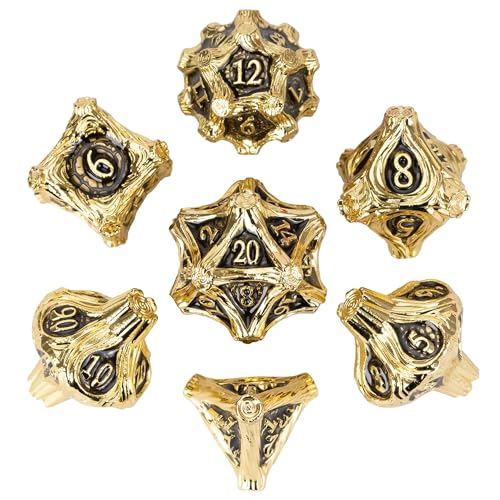 Metal Dice Set D&D 7PCS Golden Metal DND Dice Set for Tabletop Games | Leather Storage Bag, DM Gift, for Dungeons and Dragons Role Playing Games - color: Metal Tree-goldenblack