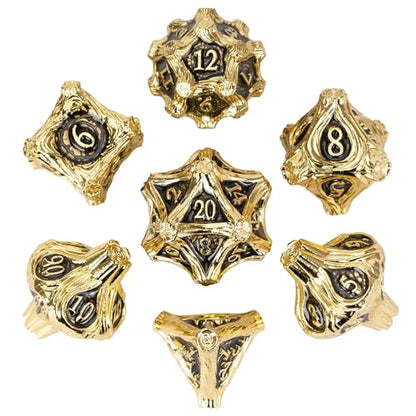 Metal Dice Set D&D 7PCS Golden Metal DND Dice Set for Tabletop Games | Leather Storage Bag, DM Gift, for Dungeons and Dragons Role Playing Games - color: Metal Tree-goldenblack