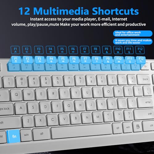 HUO JI Silent Wireless Keyboard and Mouse Combo, Quiet and Soft,Thin, White | 2.4G Full-Size Ergonomic Wireless Computer Keyboard Mouse for Windows, Laptop/PC/PS/Mac Desktop