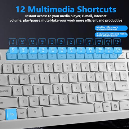 HUO JI Silent Wireless Keyboard and Mouse Combo, Quiet and Soft,Thin, White | 2.4G Full-Size Ergonomic Wireless Computer Keyboard Mouse for Windows, Laptop/PC/PS/Mac Desktop