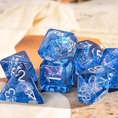 UDIXI DND Dice Set, Resin Polyhedral Dice Set Iridescent Inclusion for D&D | Velvet Storage Bag, Blue, DM Gift, for Dungeons and Dragons Role Playing Games Board Games - color: Blue