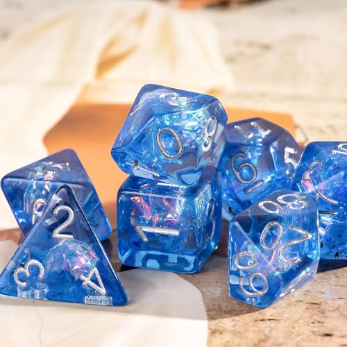UDIXI DND Dice Set, Resin Polyhedral Dice Set Iridescent Inclusion for D&D | Velvet Storage Bag, Blue, DM Gift, for Dungeons and Dragons Role Playing Games Board Games - color: Blue