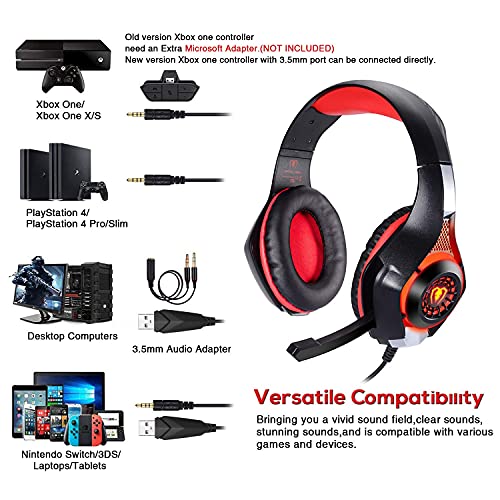 Stereo Gaming Headset for PlayStation 4 PS4, Over-Ear Headphones With Mic and LED Lights for Xbox One, PC, Laptop (Red)