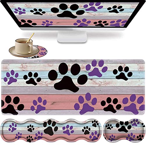 Large Gaming Mouse Pad, Keyboard Wrist Rest + Mouse Wrist Pad + Coaster Combination Set, Memory Sponge Non-Slip Base. Suitable for Office and Home, Rainbow Wood Grain Black and Purple Dog paw - color: Fok-fo1-mouse -017