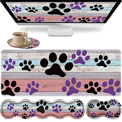 Large Gaming Mouse Pad, Keyboard Wrist Rest + Mouse Wrist Pad + Coaster Combination Set, Memory Sponge Non-Slip Base. Suitable for Office and Home, Rainbow Wood Grain Black and Purple Dog paw - color: Fok-fo1-mouse -017