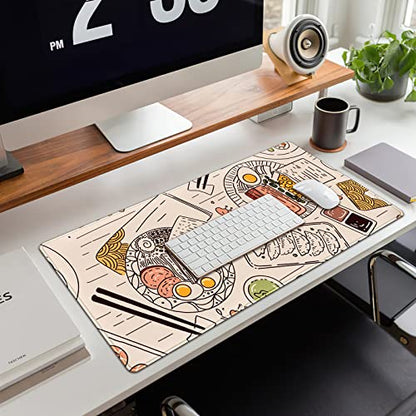 Japanese Ramen Sushi Food Desk Mat Beige XL Mouse Pad Large Full Desk Mousepad Gaming Extended Keyboard Mouse Mat Desk Pad for Computer Laptop 31.5''X15.7'' Non-Slip Rubber Base with Stitched Edges - color: A Beige Food