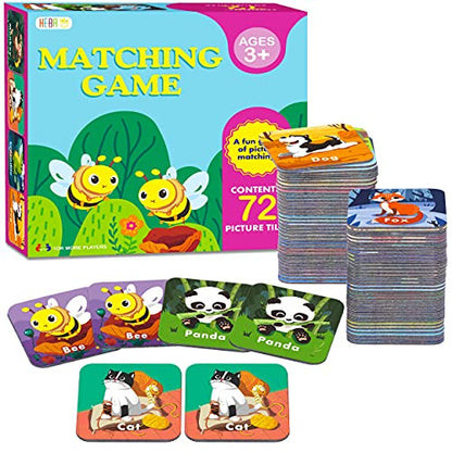 Hebayy 36 Pair Animal Matching Memory Game Flash Cards for Toddlers, Preschool, Kindergarten and Home. Erasable, Fun & Fast, Travel Friendly, Skill Building. Size 2” x 2”(5 x 5 cm) - style: Cartoon Animals 2